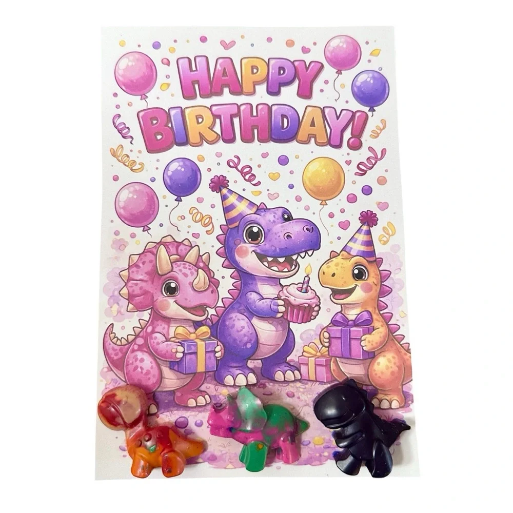 Handmade Pink Dinosaur Themed Crayon Birthday Card NEW